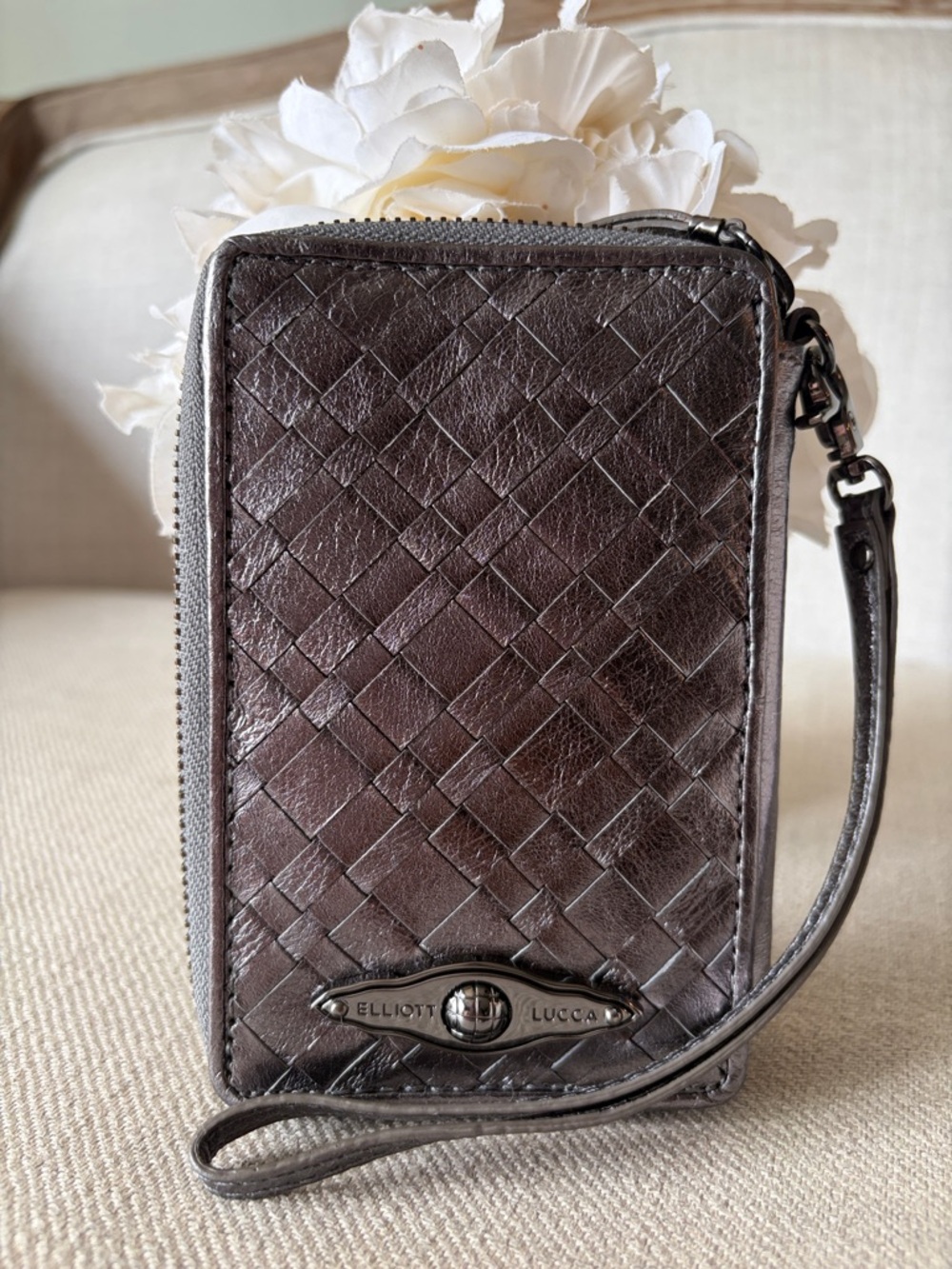 Elliott Lucca Dark Silver Metallic Woven Leather Phone Wallet Wristlet